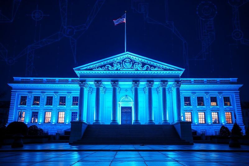 U.S. Treasury building visualized with digital stablecoin symbols representing 2026 financial regulation