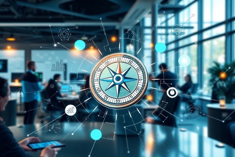 Una brújula digital que guía a un líder y representa una navegación basada en valores en la cultura empresarial.