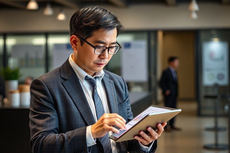 صورة لمبدع مدروس يقوم بتحليل بيانات الجمهور على جهاز لوحي