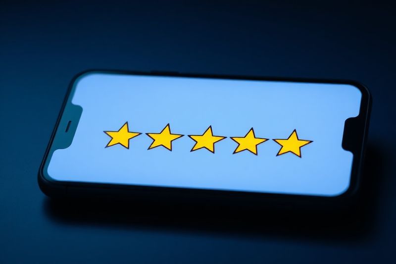La pantalla de un teléfono móvil que muestra reseñas de cinco estrellas para ilustrar el software de gestión de reputación
