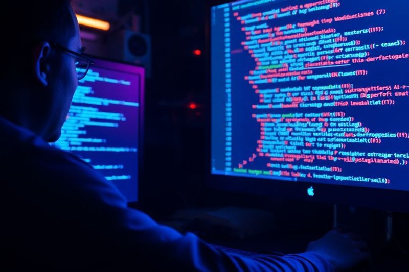 Desarrollador de software viendo las manos de AI escribir código en una pantalla brillante
