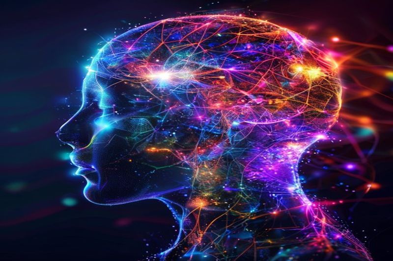 Abstract AI neural network illustrating emotion vectors in shades of blue and red