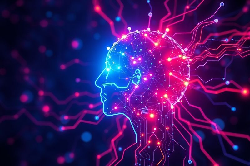 Visualización abstracta de un motor de inteligencia artificial proactivo con redes neuronales brillantes