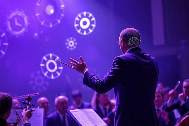 エージェント オーケストレーションを表すデジタル AI 頭脳を指揮するオーケストラの指揮者