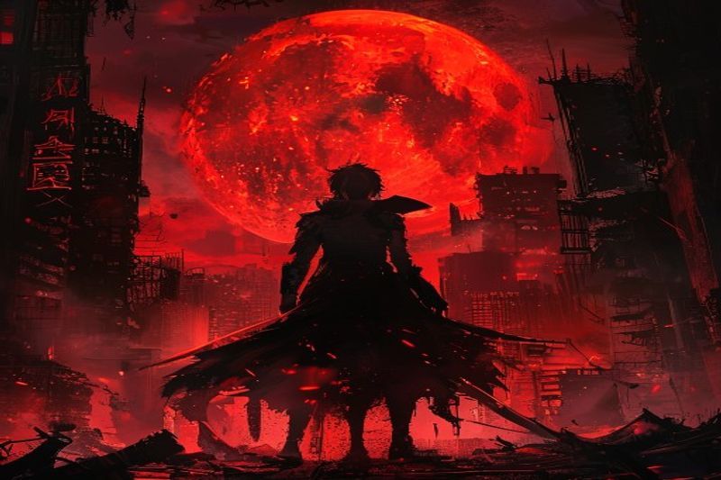 Anime vampire warrior in ruined city with red moon