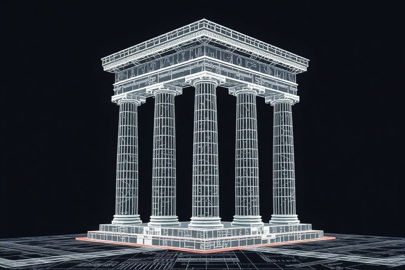 Plano arquitectónico de un pilar de contenido digital con superposiciones técnicas