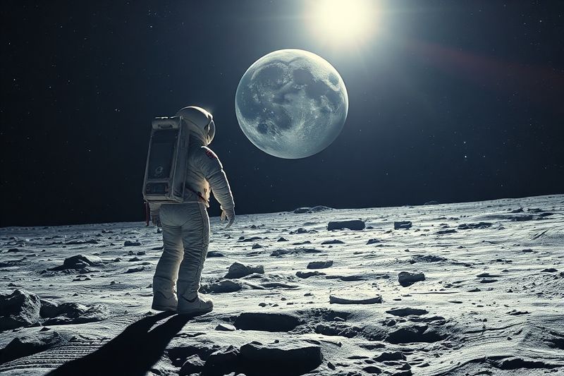 月面上の宇宙飛行士が高解像度の宇宙服のディテールで地球を眺める