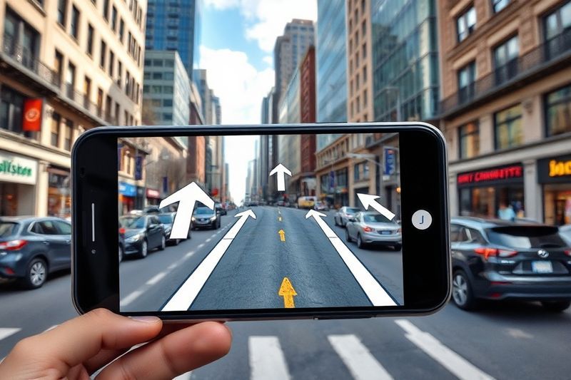 Vista de teléfono inteligente que muestra flechas de navegación de realidad aumentada superpuestas en una concurrida calle de la ciudad