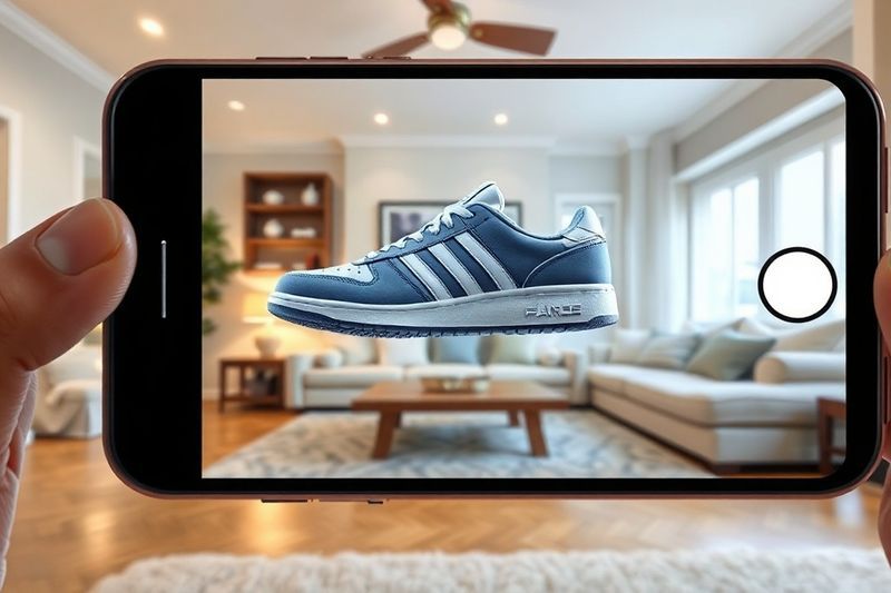 Representación en realidad aumentada de zapatillas flotando sobre el suelo vistas a través de un teléfono inteligente