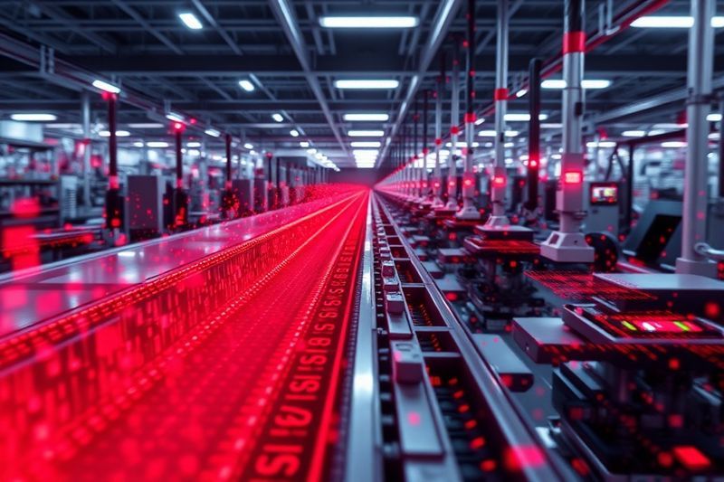 赤と黒のフローティングホログラフィックデータオーバーレイを備えた自動化された工場組立ライン