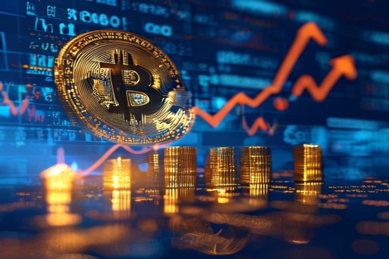 Bitcoin price rally chart surging upward with geopolitical news headlines overlay on dark finance background