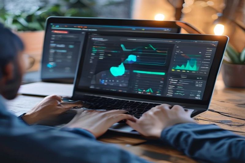 Blogger estudiando estrategias de marketing de Pinterest en la pantalla del portátil