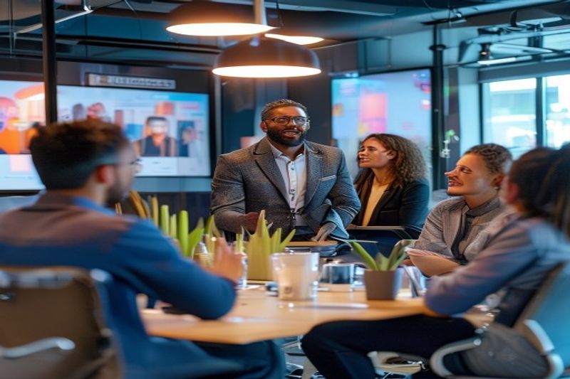 Лидер откровенно разговаривает с разнообразной командой во время общего собрания компании