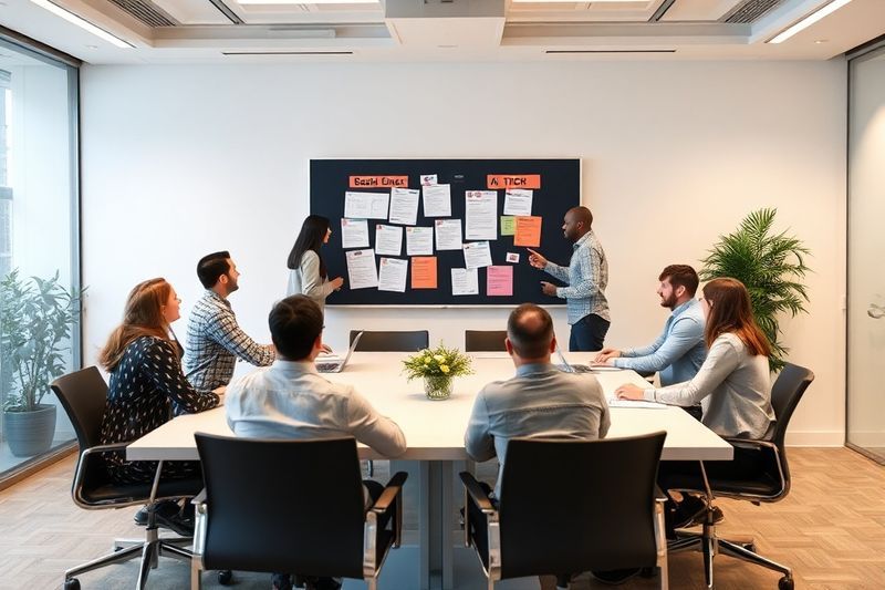 Equipo empresarial construyendo un tablero de visión de alineación cultural en una sala de conferencias