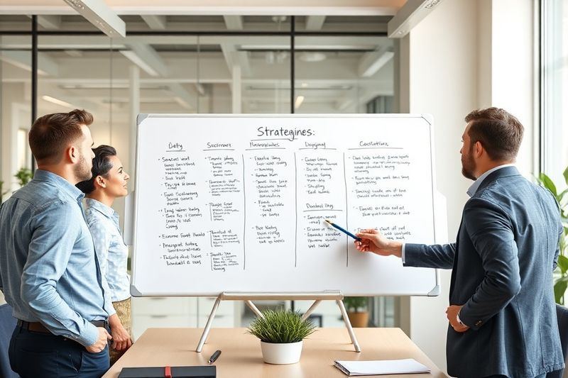 Equipo empresarial elaborando un plan de acción estratégico en una pizarra