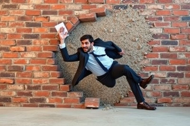 Empresario rompiendo una pared de ladrillos que simboliza la superación de la resistencia