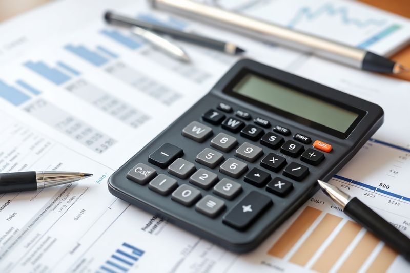 Calculadora y documentos financieros que representan el retorno de la inversión y las ganancias.