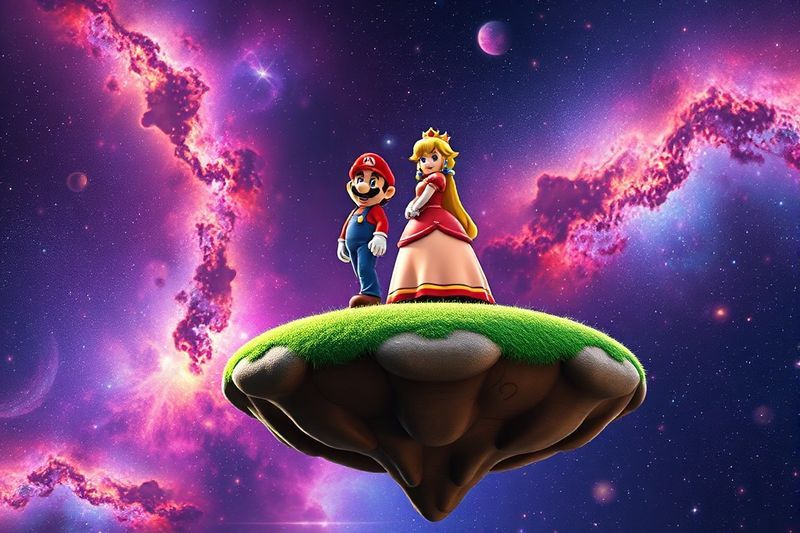 Cinematic visual of Mario and Peach in the Galaxy movie setting with nebula background