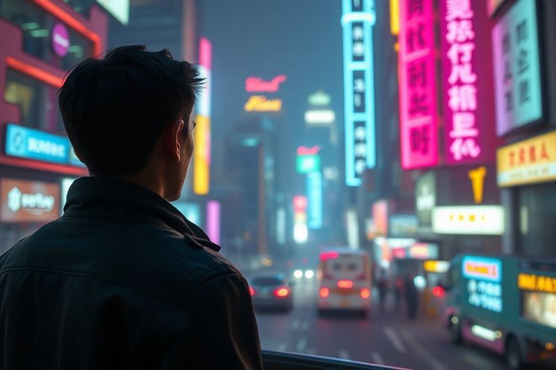 AI 视频镜头中的三分法则构图显示主角俯瞰霓虹灯城市