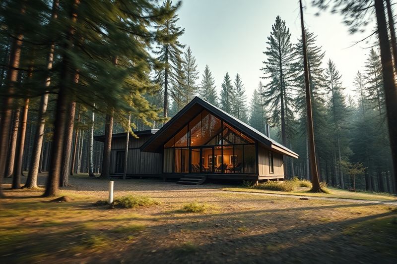 超现实的电影摄影机推向茂密森林中的现代小屋