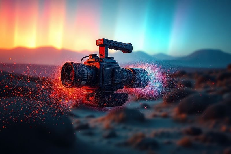 AI 映画撮影を表すデジタル ピクセルで作られた未来的な映画カメラ