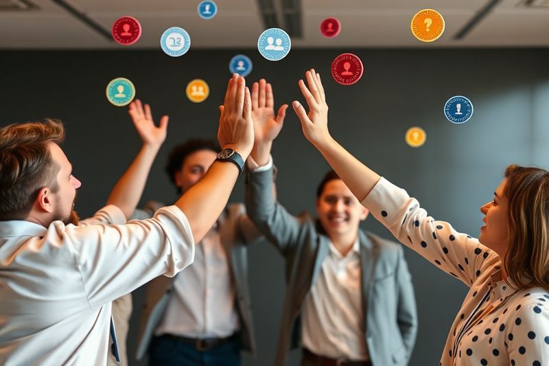 Colegas celebrando el éxito con insignias de reconocimiento digital flotando en el aire