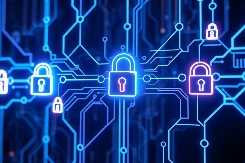 Visualization of a secure AI supply chain with interconnected nodes and encrypted pathways