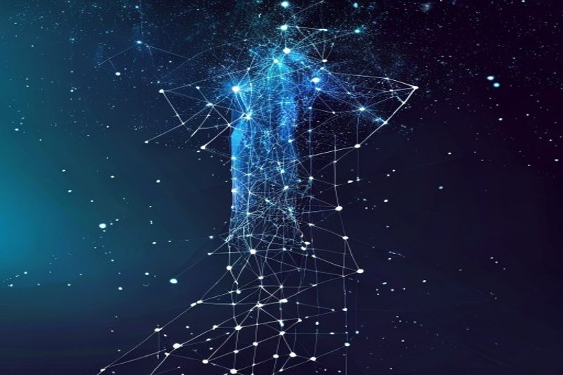 Digital constellation of dots connecting to form a solid structural pillar, representing content consolidation