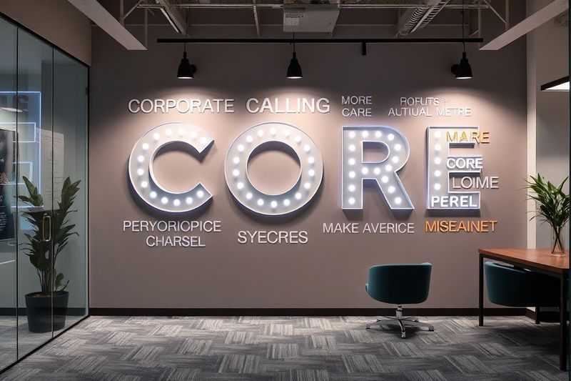 Valores fundamentales corporativos mostrados de forma creativa en la pared de una oficina moderna