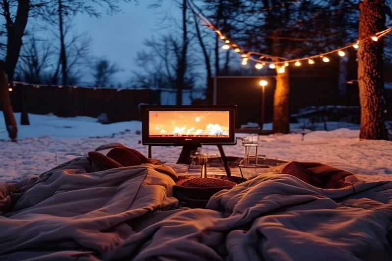 舒适的冬季约会之夜，配有户外电影院毯子和浪漫的环境照明