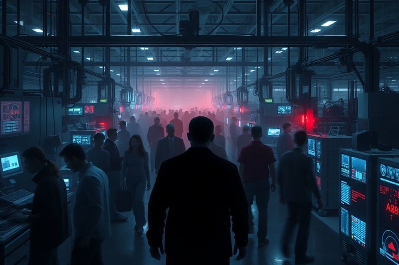 Visualización del piso de la fábrica que muestra la brecha de fuerza laboral que se llena con nodos de IA brillantes