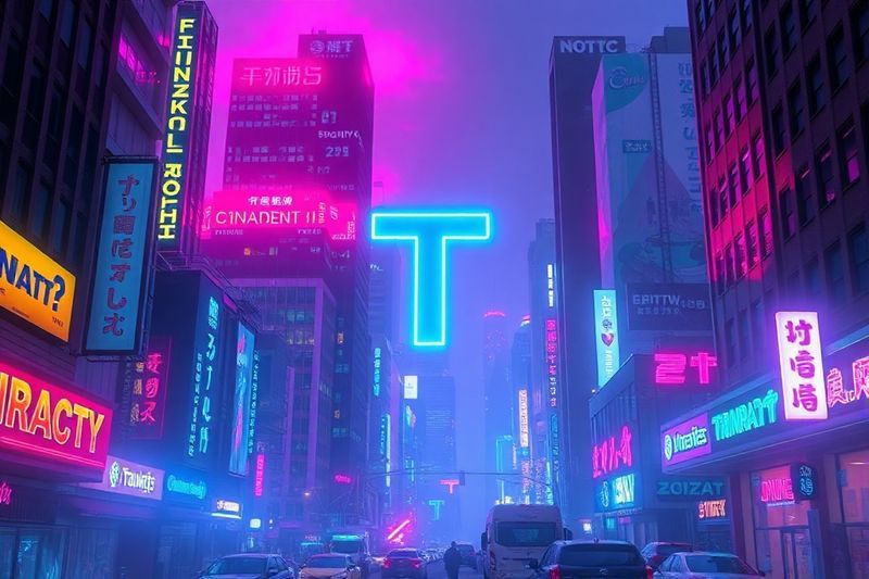 Glowing Tether USDT logo in a futuristic neon financial district representing dominance in 2026