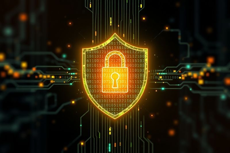 デジタル ロック アイコンが付いた光るバイナリ コードで構成されるサイバーセキュリティ シールド