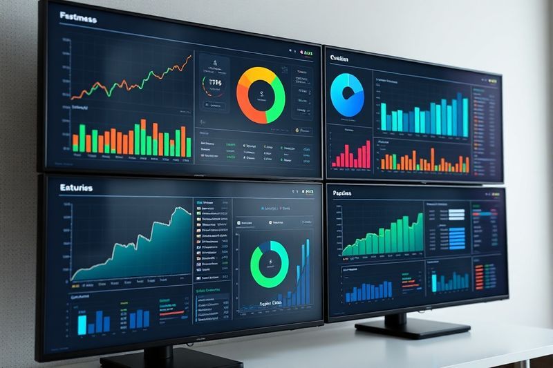 Panel de análisis de datos en múltiples monitores que muestran gráficos de crecimiento y KPI