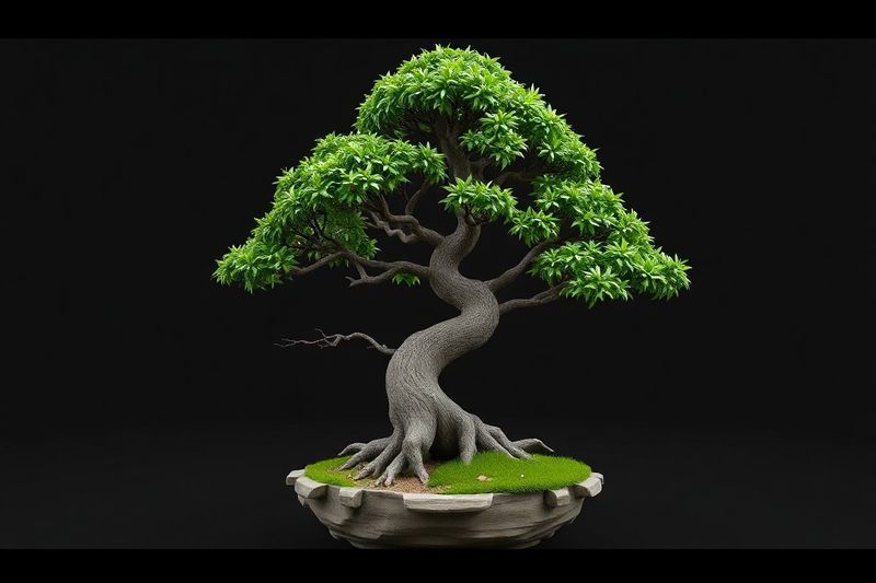 由 Meshy AI 生成的盆景树的高多边形 3D 模型，显示复杂的叶子细节