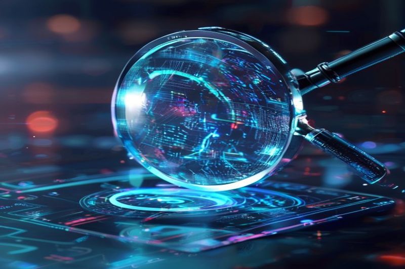 Цифровая лупа, сканирующая результаты поиска AI для AEO