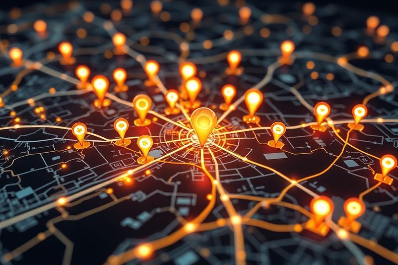 Un mapa digital con puntos de datos de IA que destacan oportunidades comerciales locales de alto potencial para la venta de software