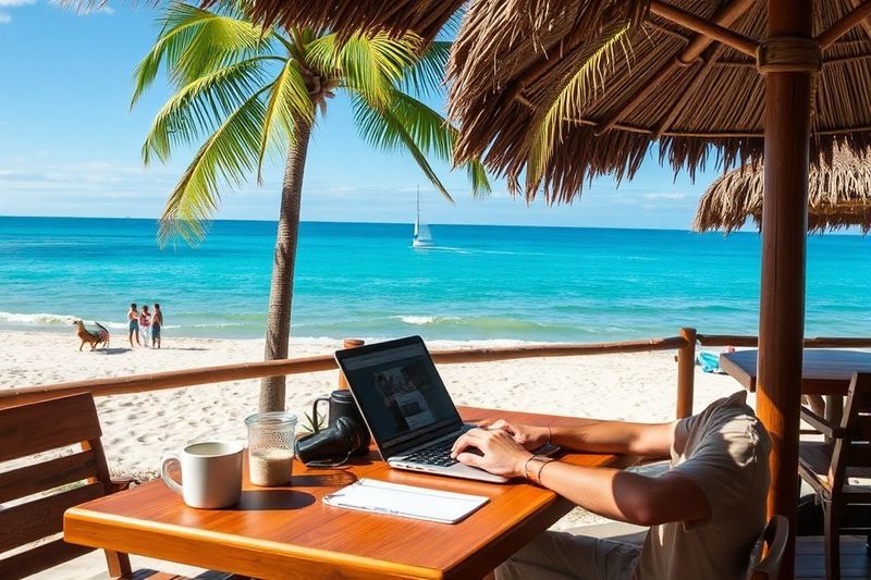 Blogger independiente de ubicación que trabaja desde una cafetería con computadora portátil y libertad.