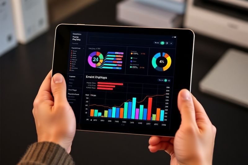Tableta digital que muestra análisis de datos de encuestas de empleados y gráficos coloridos