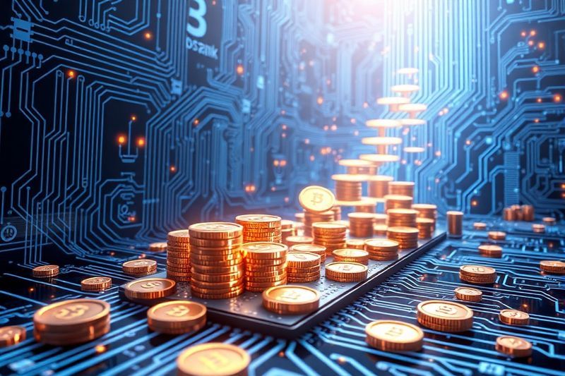 数字代币像液体一样流入代表人工智能成本动态的中央处理器