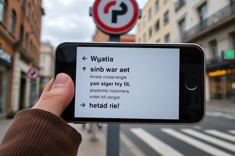 Teléfono inteligente que muestra traducción de realidad aumentada en tiempo real sobre un letrero de una calle extranjera