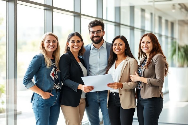 Equipo corporativo diverso que colabora en una oficina moderna demostrando alineación cultural
