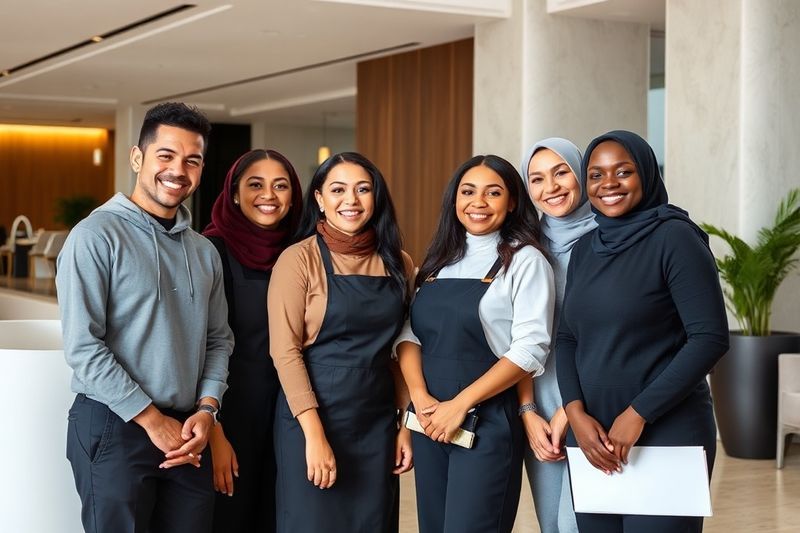 Personal diverso del hotel que representa los valores de inclusión de Hilton en un lobby moderno