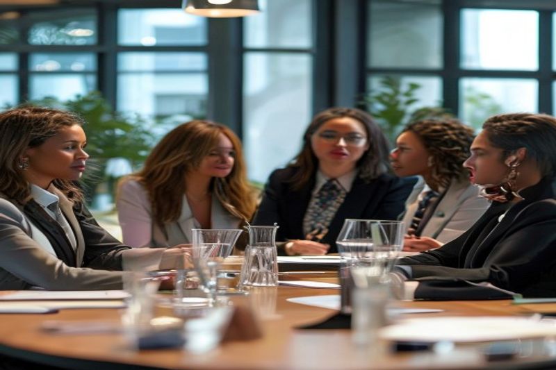 مديرات تنفيذيات متنوعات يتعاونن في اجتماع قيادة مجلس إدارة الشركة الحديثة