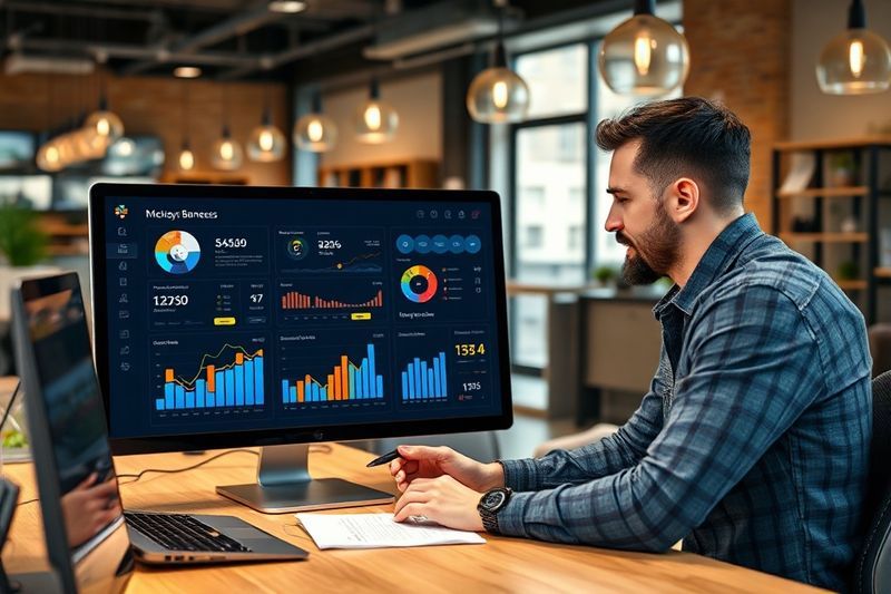 Un emprendedor presenta un panel de software de marca al propietario de una pequeña empresa local en un entorno profesional.