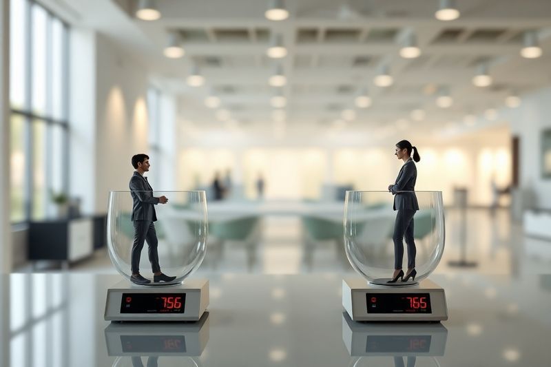 昇進の公平性を図るために、リモートワーカーとオフィスワーカーを均等に計量する秤の概念図
