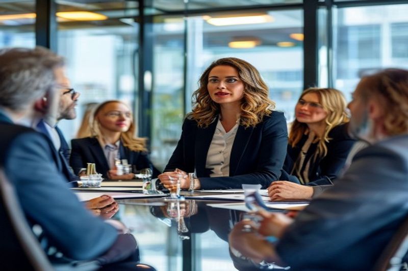 مديرة تنفيذية تقود اجتماعًا استراتيجيًا للشركة مع فريق تنفيذي متنوع في مكتب حديث