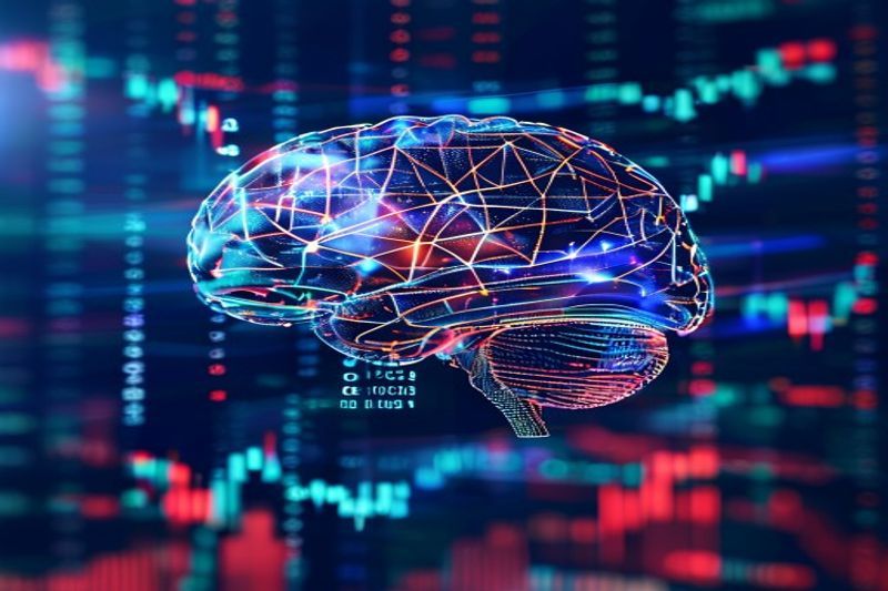 Тикер финансового фондового рынка с цифровым искусственным интеллектом, визуализирующим инвестиции