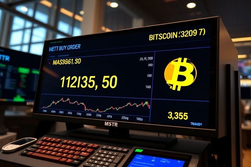 Terminal de negociación de acciones que muestra una orden de compra masiva de Bitcoin bajo el símbolo MSTR
