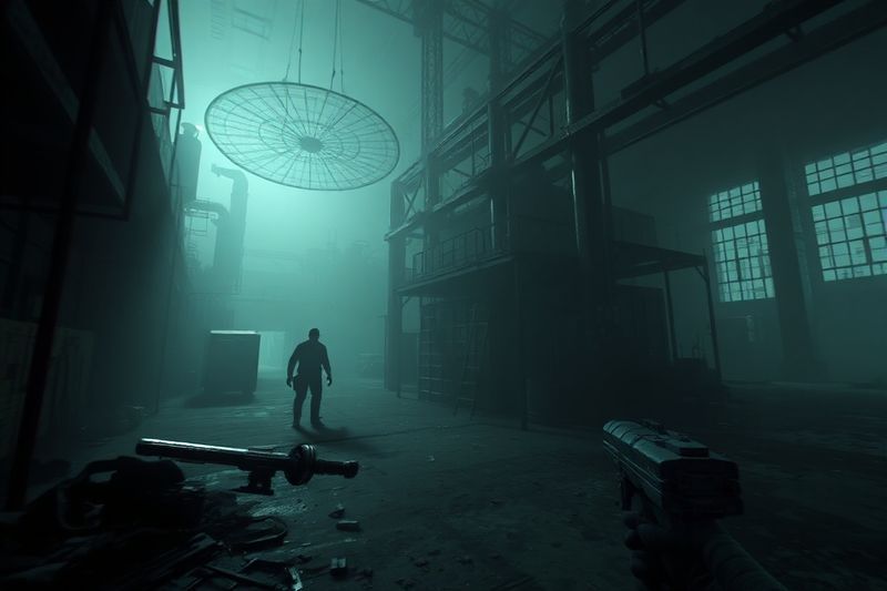 第一人称视角看到血泊镇中一座令人毛骨悚然的废弃工业园区，里面有阴暗的鬼魂